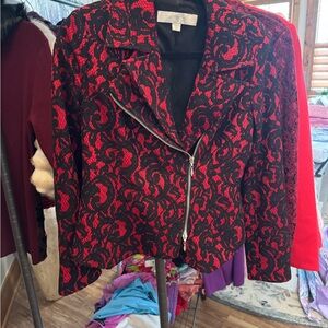 Boston Proper Black Lace-Overlay Jacket with Red Underlay